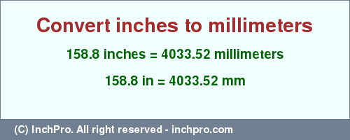 Result converting 158.8 inches to mm = 4033.52 millimeters