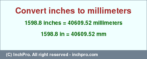 Result converting 1598.8 inches to mm = 40609.52 millimeters