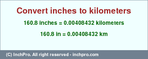 Result converting 160.8 inches to km = 0.00408432 kilometers