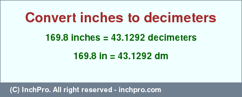 Result converting 169.8 inches to dm = 43.1292 decimeters