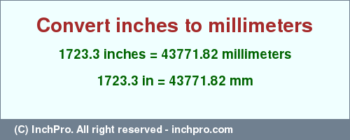 Result converting 1723.3 inches to mm = 43771.82 millimeters