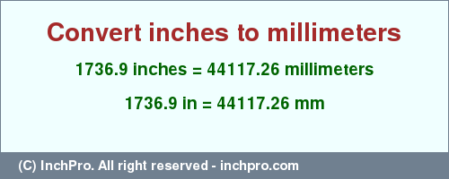 Result converting 1736.9 inches to mm = 44117.26 millimeters