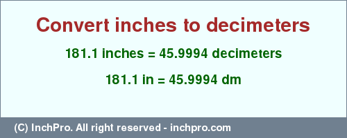 Result converting 181.1 inches to dm = 45.9994 decimeters