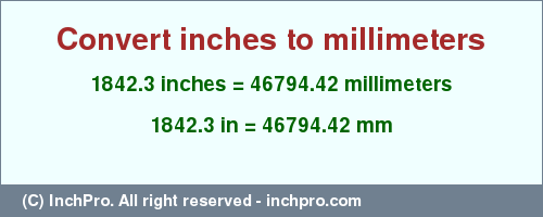 Result converting 1842.3 inches to mm = 46794.42 millimeters