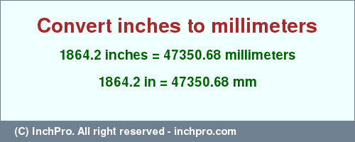 Result converting 1864.2 inches to mm = 47350.68 millimeters