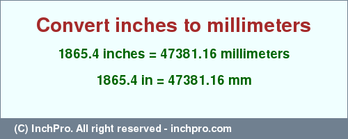 Result converting 1865.4 inches to mm = 47381.16 millimeters