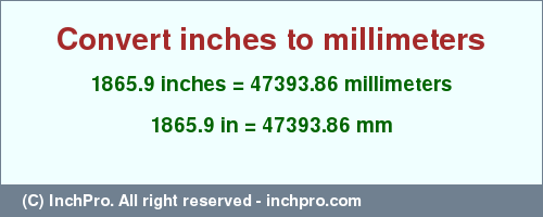 Result converting 1865.9 inches to mm = 47393.86 millimeters