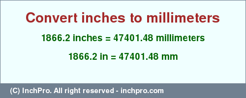 Result converting 1866.2 inches to mm = 47401.48 millimeters