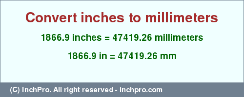 Result converting 1866.9 inches to mm = 47419.26 millimeters