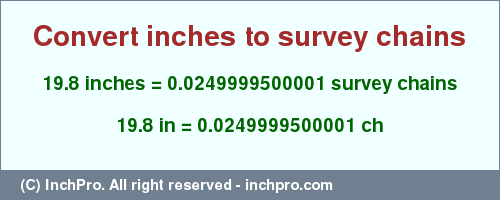 Result converting 19.8 inches to ch = 0.0249999500001 survey chains