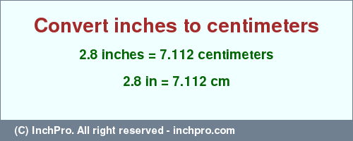 Result converting 2.8 inches to cm = 7.112 centimeters