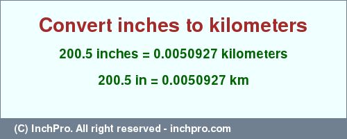 Result converting 200.5 inches to km = 0.0050927 kilometers