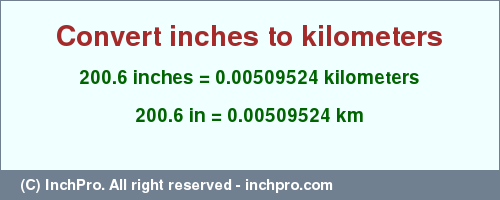 Result converting 200.6 inches to km = 0.00509524 kilometers