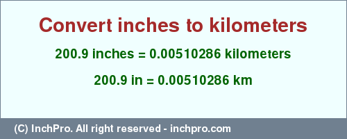 Result converting 200.9 inches to km = 0.00510286 kilometers