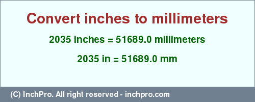 Result converting 2035 inches to mm = 51689.0 millimeters