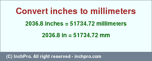 Result converting 2036.8 inches to mm = 51734.72 millimeters