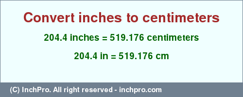 Result converting 204.4 inches to cm = 519.176 centimeters