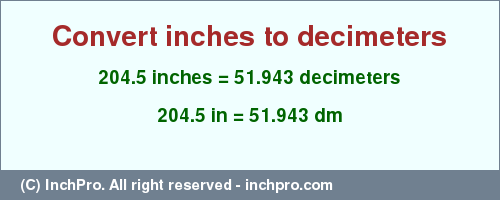 Result converting 204.5 inches to dm = 51.943 decimeters