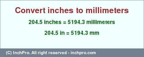 Result converting 204.5 inches to mm = 5194.3 millimeters