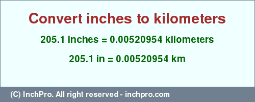 Result converting 205.1 inches to km = 0.00520954 kilometers