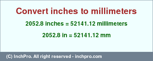 Result converting 2052.8 inches to mm = 52141.12 millimeters