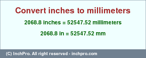 Result converting 2068.8 inches to mm = 52547.52 millimeters