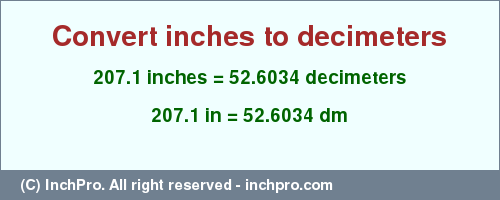 Result converting 207.1 inches to dm = 52.6034 decimeters