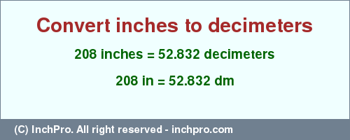 Result converting 208 inches to dm = 52.832 decimeters