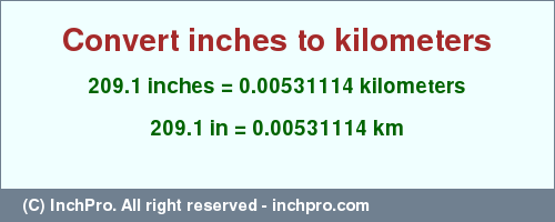 Result converting 209.1 inches to km = 0.00531114 kilometers