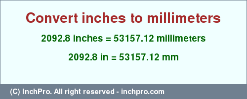 Result converting 2092.8 inches to mm = 53157.12 millimeters