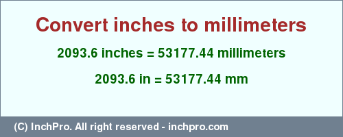 Result converting 2093.6 inches to mm = 53177.44 millimeters