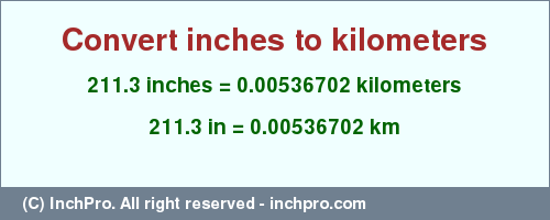 Result converting 211.3 inches to km = 0.00536702 kilometers