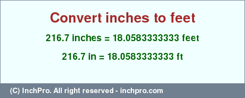 Result converting 216.7 inches to ft = 18.0583333333 feet