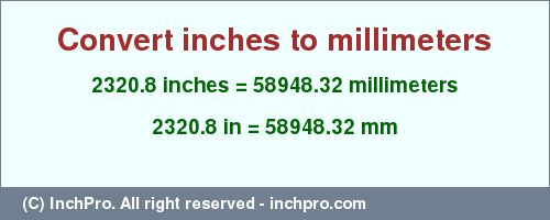 Result converting 2320.8 inches to mm = 58948.32 millimeters