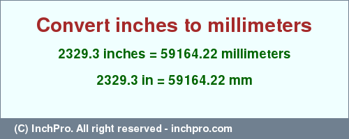 Result converting 2329.3 inches to mm = 59164.22 millimeters