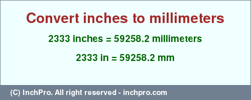 Result converting 2333 inches to mm = 59258.2 millimeters