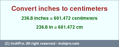 Result converting 236.8 inches to cm = 601.472 centimeters