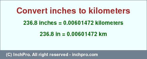 Result converting 236.8 inches to km = 0.00601472 kilometers