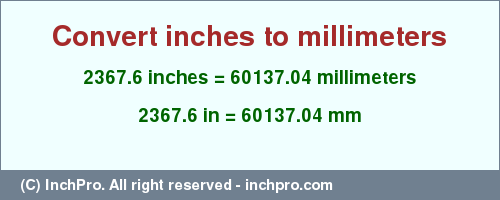 2367.6 inches to mm is equal to 60137.04 (mm) Result converting 2367.6 inches to mm = 60137.04 millimeters