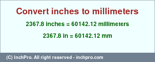 2367.8 inches to mm is equal to 60142.12 (mm) Result converting 2367.8 inches to mm = 60142.12 millimeters