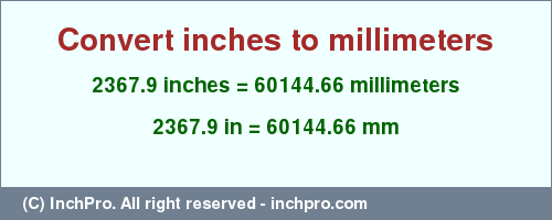 2367.9 inches to mm is equal to 60144.66 (mm) Result converting 2367.9 inches to mm = 60144.66 millimeters