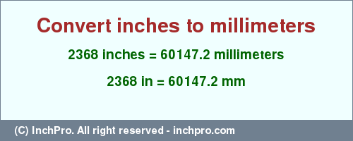2368 inches to mm is equal to 60147.2 (mm) Result converting 2368 inches to mm = 60147.2 millimeters
