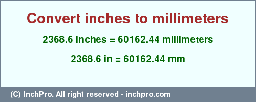 2368.6 inches to mm is equal to 60162.44 (mm) Result converting 2368.6 inches to mm = 60162.44 millimeters