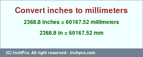 2368.8 inches to mm is equal to 60167.52 (mm) Result converting 2368.8 inches to mm = 60167.52 millimeters
