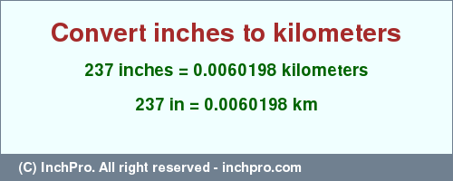 Result converting 237 inches to km = 0.0060198 kilometers