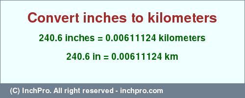 Result converting 240.6 inches to km = 0.00611124 kilometers