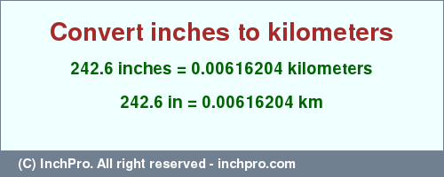 Result converting 242.6 inches to km = 0.00616204 kilometers