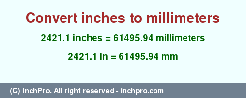 Result converting 2421.1 inches to mm = 61495.94 millimeters