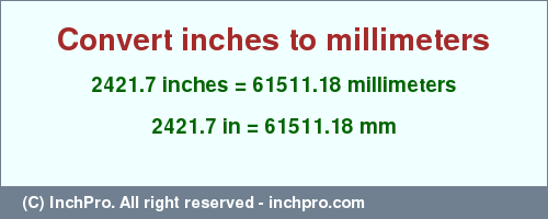 Result converting 2421.7 inches to mm = 61511.18 millimeters