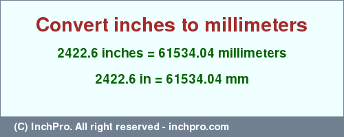 Result converting 2422.6 inches to mm = 61534.04 millimeters